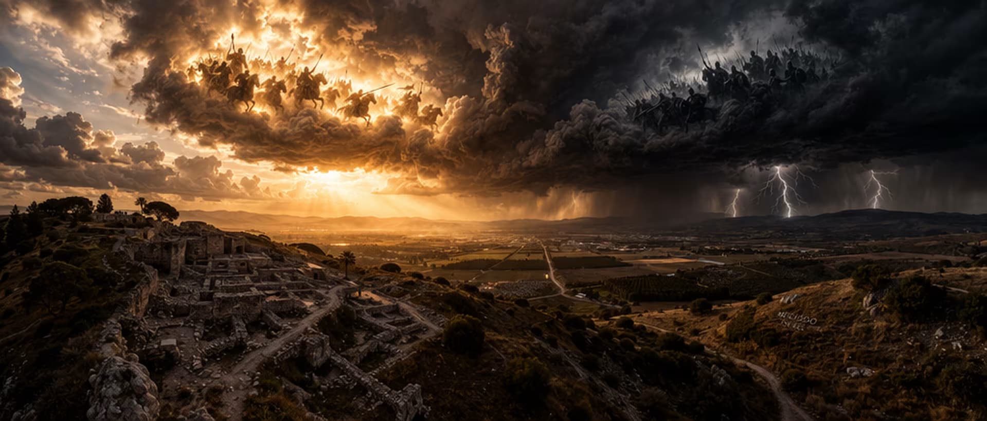 Storm clouds and armies gathering over the valley of Megiddo