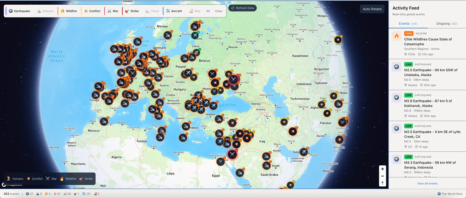 The World Now live event globe with earthquakes, conflicts, wildfires and strikes plotted on a 3D map of the Earth
