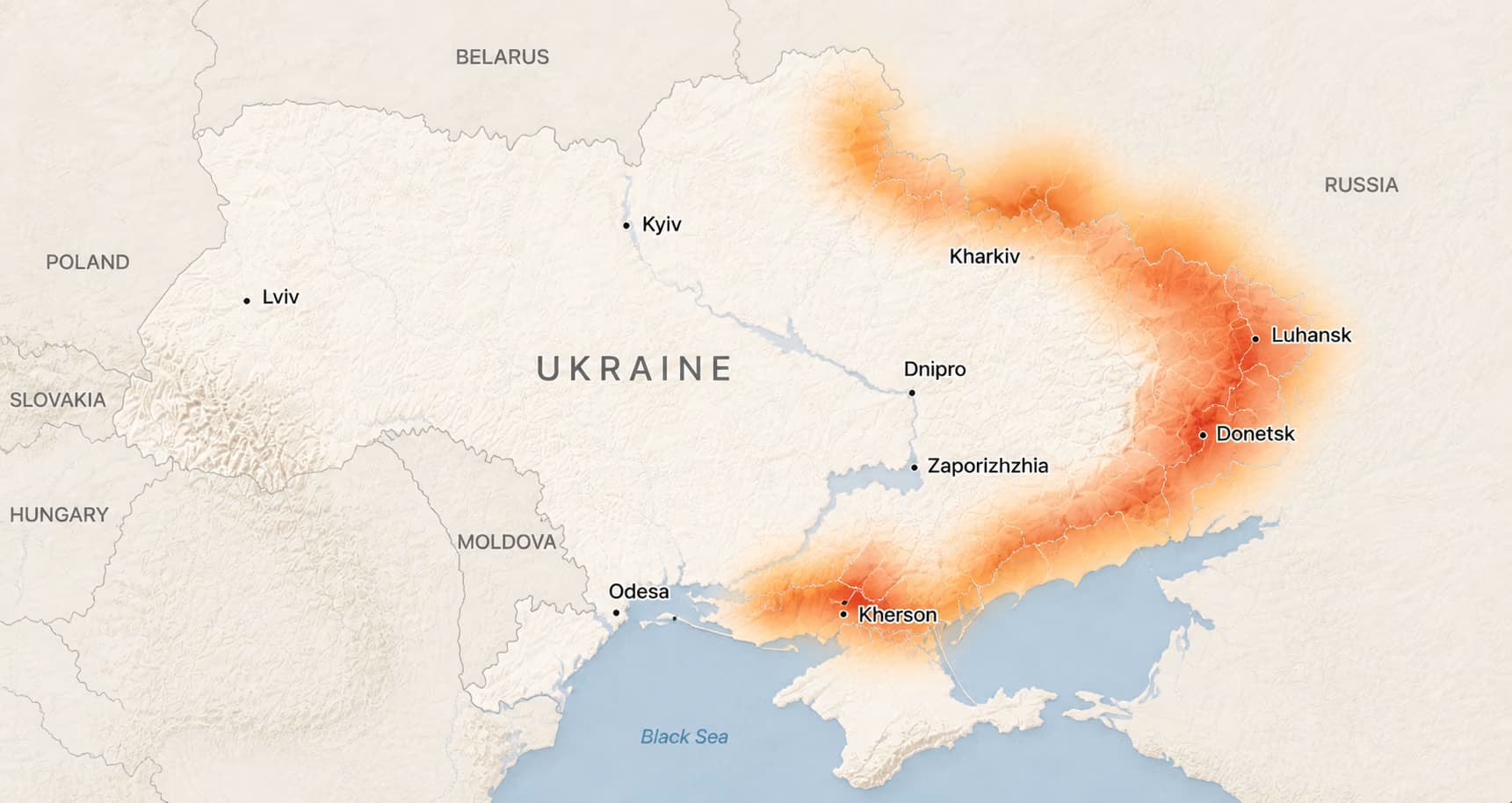 Tactical map of Ukraine showing active conflict zones — strikes, shelling, air defense, and troop movement across Kharkiv, Donetsk, Luhansk, Kherson, and Zaporizhzhia oblasts