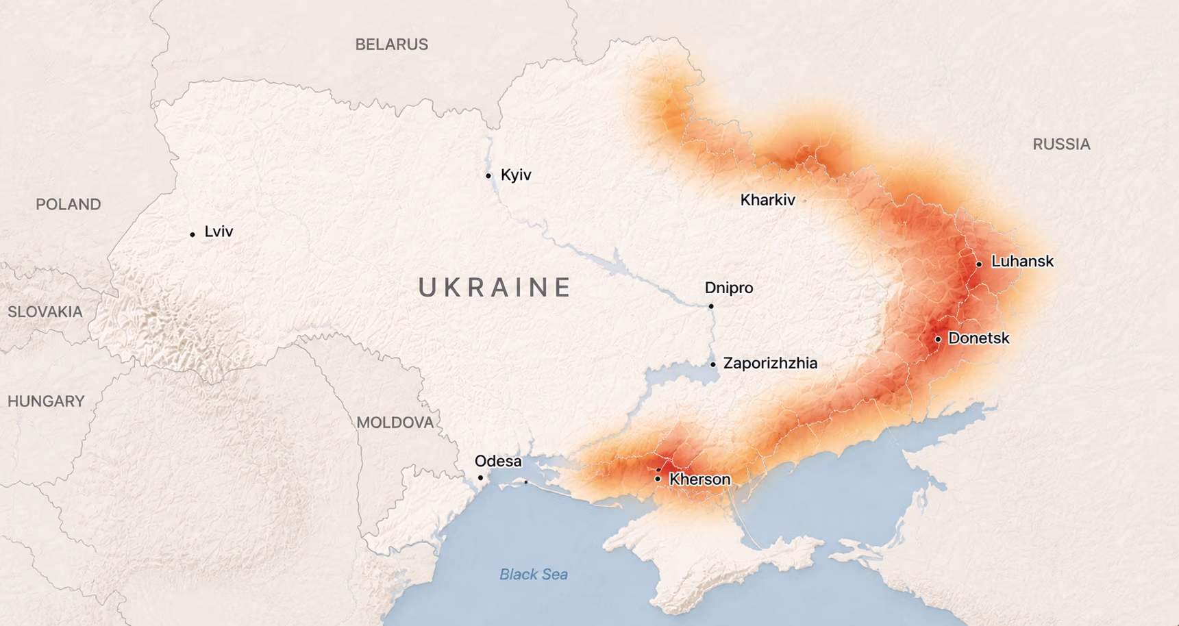 Tactical map of Ukraine showing active conflict zones — strikes, shelling, air defense, and troop movement across Kharkiv, Donetsk, Luhansk, Kherson, and Zaporizhzhia oblasts